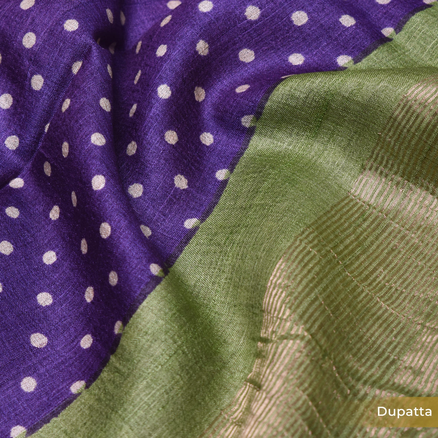 Green Floral Print Tussar Silk Salwar with Purple Dots Dupatta