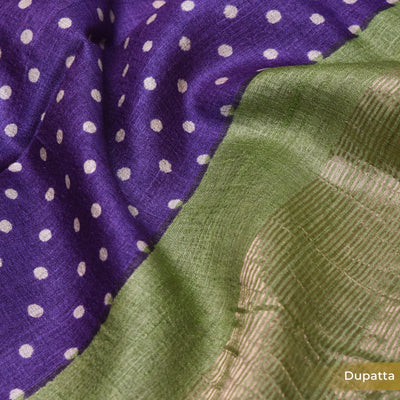 Green Floral Print Tussar Silk Salwar with Purple Dots Dupatta