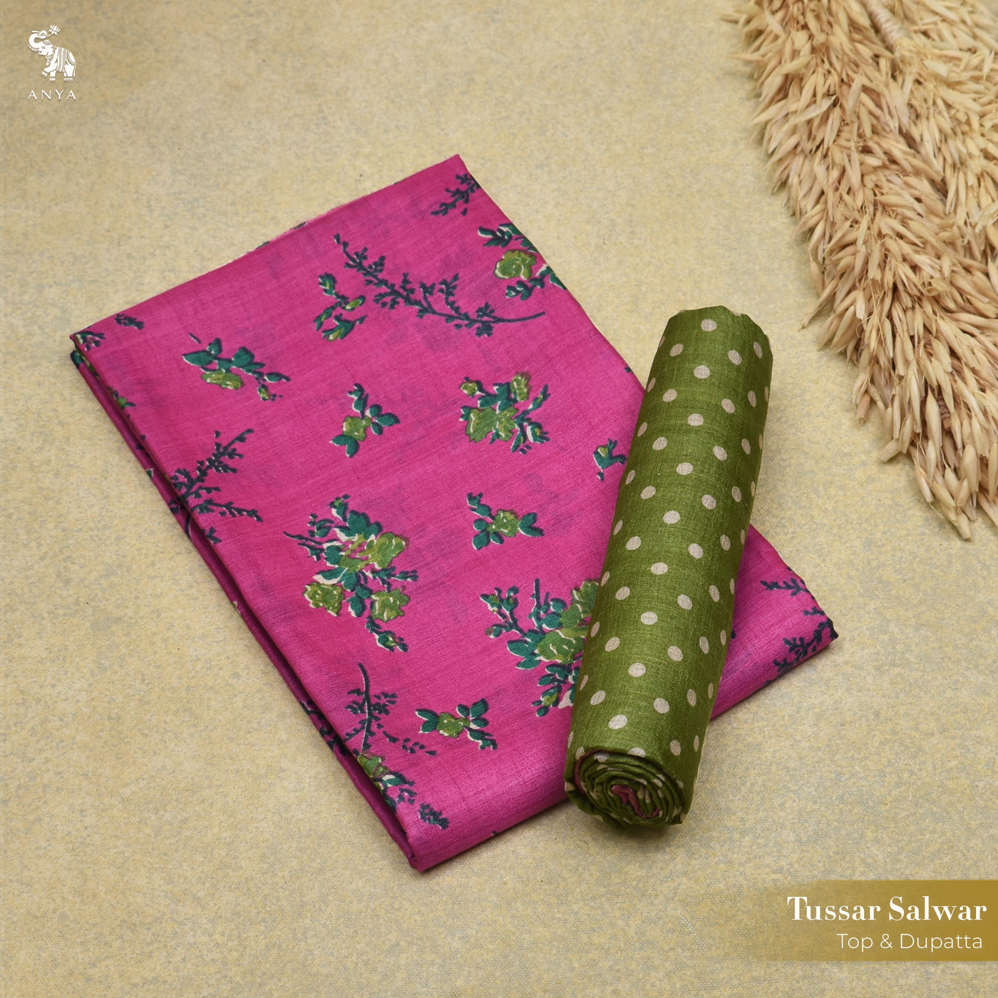 Pink Floral Print Tussar Silk Salwar with Mehandi Green Dots Dupatta