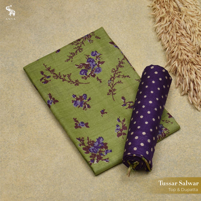 Green Floral Print Tussar Silk Salwar with Purple Dots Dupatta