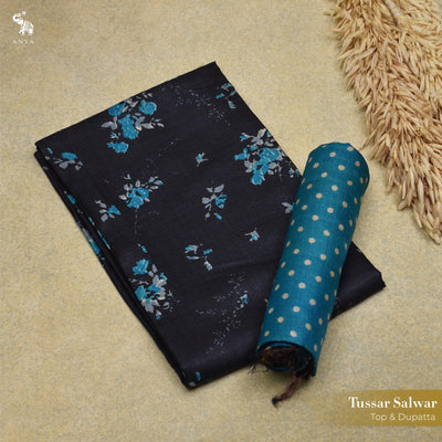 Black Floral Print Tussar Silk Salwar with Blue Dots Dupatta