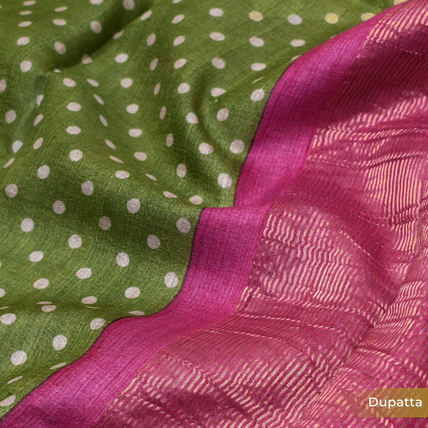 Pink Floral Print Tussar Silk Salwar with Mehandi Green Dots Dupatta