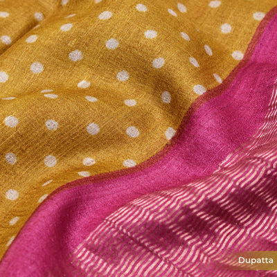 Mustard Floral Print Tussar Silk Salwar with Mustard Dots Dupatta