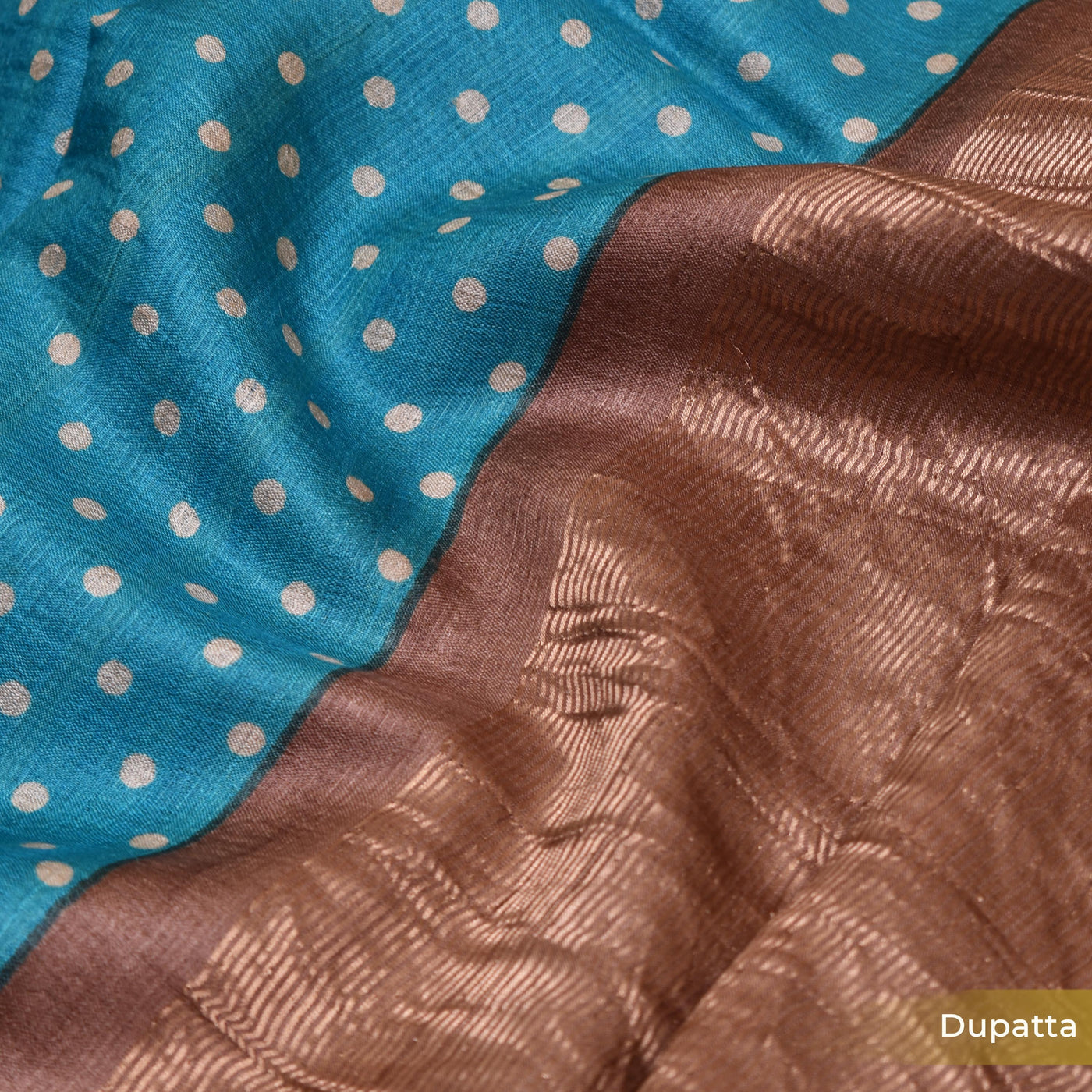 Brown Floral Print Tussar Silk Salwar with Blue Dots Dupatta