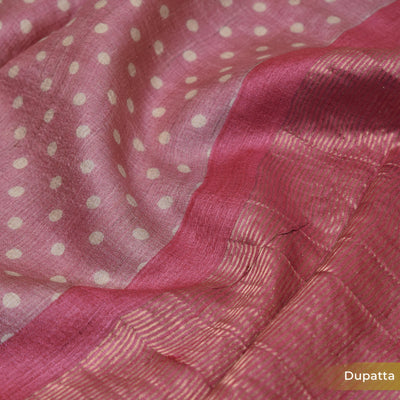 Onion Pink Floral Print Tussar Silk Salwar with Onion Pink Dots Dupatta