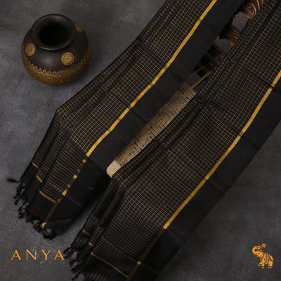 Black Kanchi Silk Dupatta with Zari Checks Design