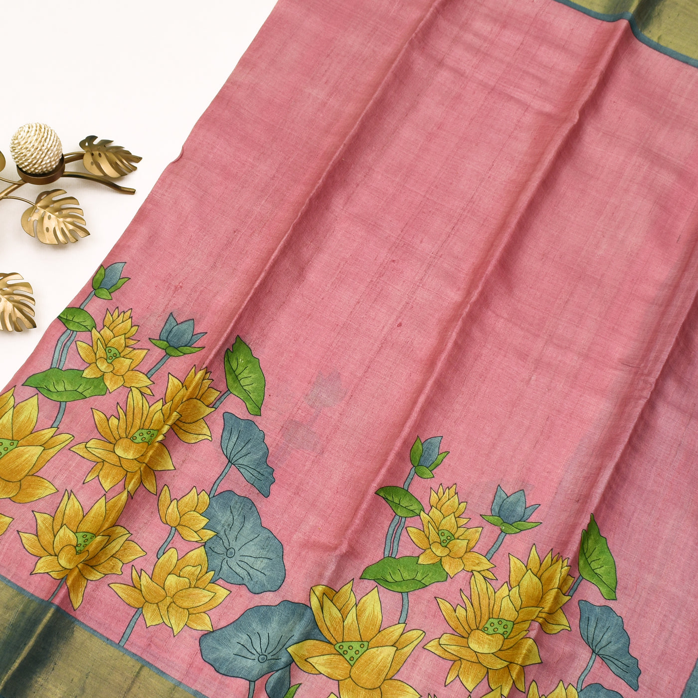 Onion Pink Tussar Silk Saree with lotus printed design