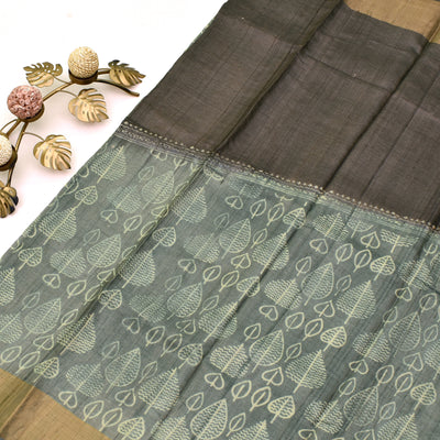 Grey Tussar Silk Saree with leaf printed design
