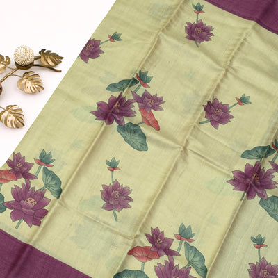 Off White Tussar Silk Saree with lotus printed design