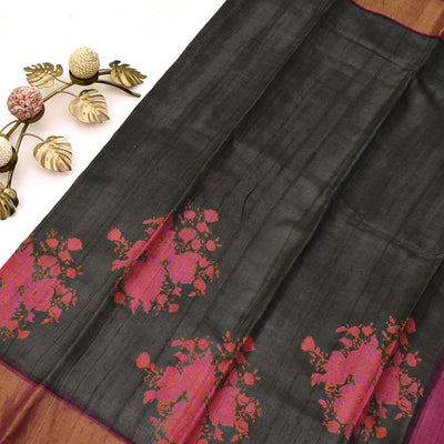 Black Tussar Silk Saree with floral printed design