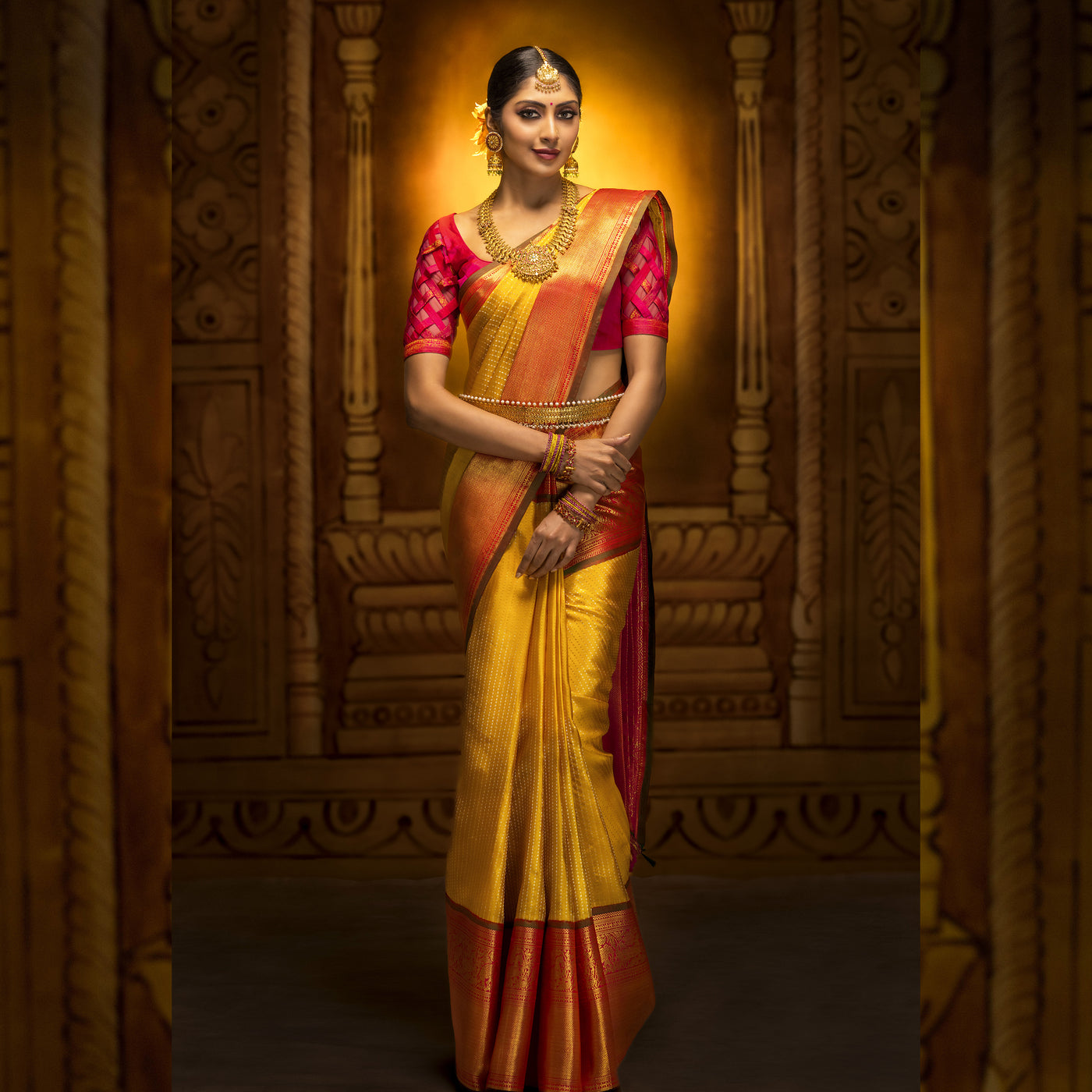 Mustard Kanchipuram Silk Saree with Rani Thakkali Getti Self Pallu