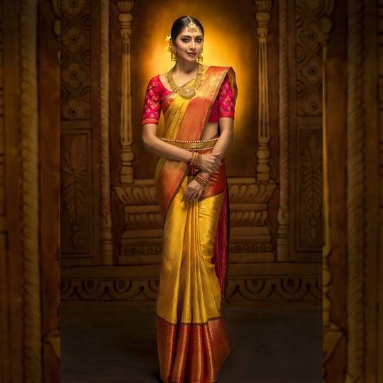 MUSTARD KANCHIPURAM SILK SAREE WITH RANI THAKKALI GETTI SELF PALLU