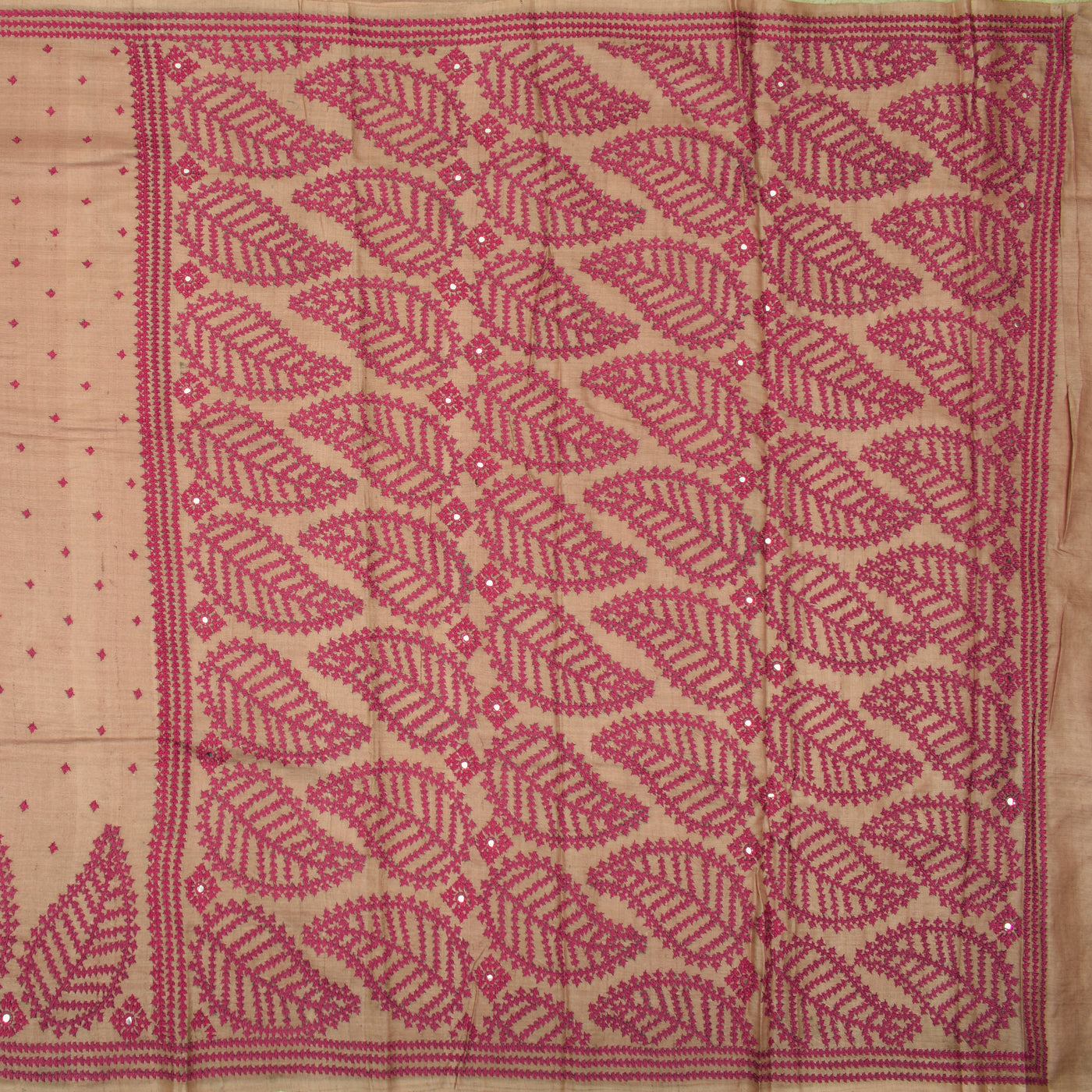 Onion Pink Kutch Work Tussar Silk Saree with embroidery leaf design