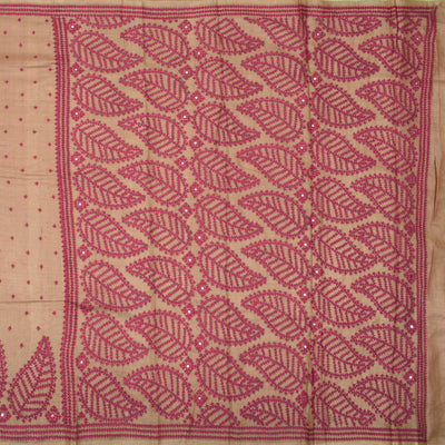 Onion Pink Kutch Work Tussar Silk Saree with embroidery leaf design