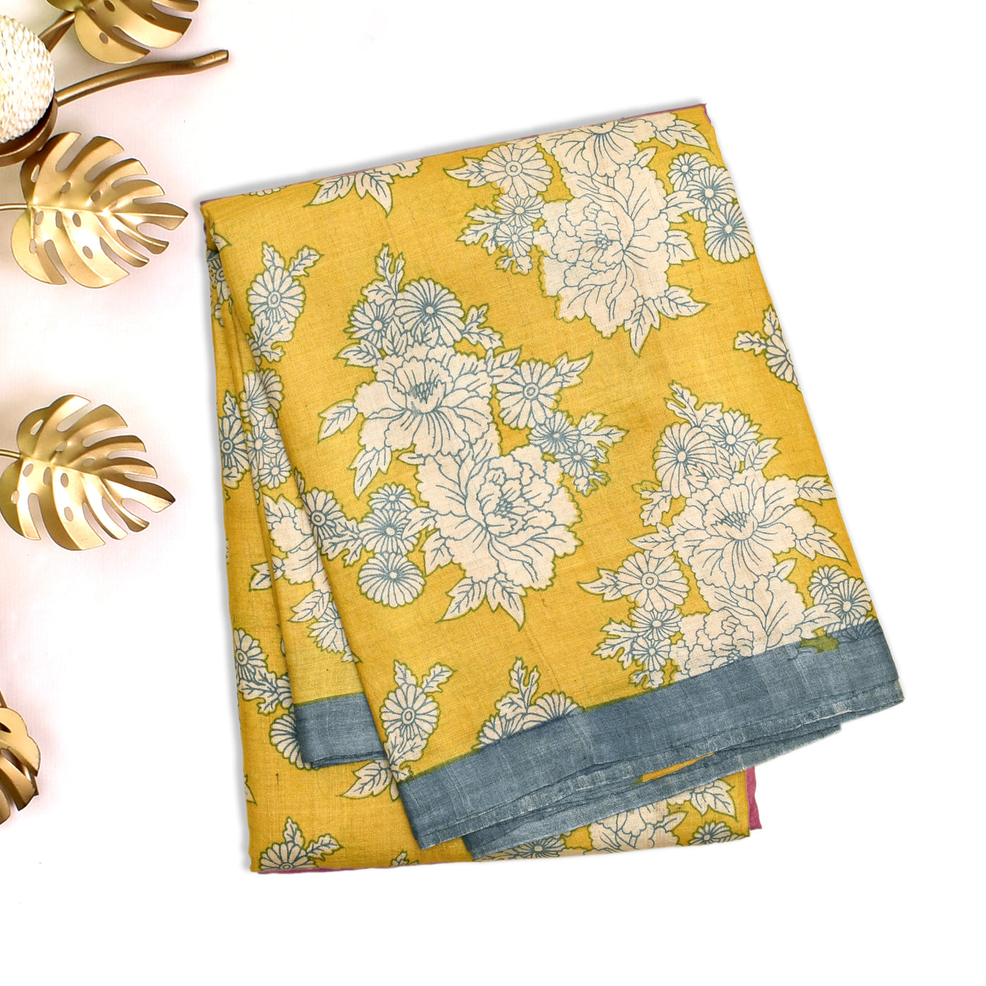 Mustard Tussar Silk Saree with Floral Design