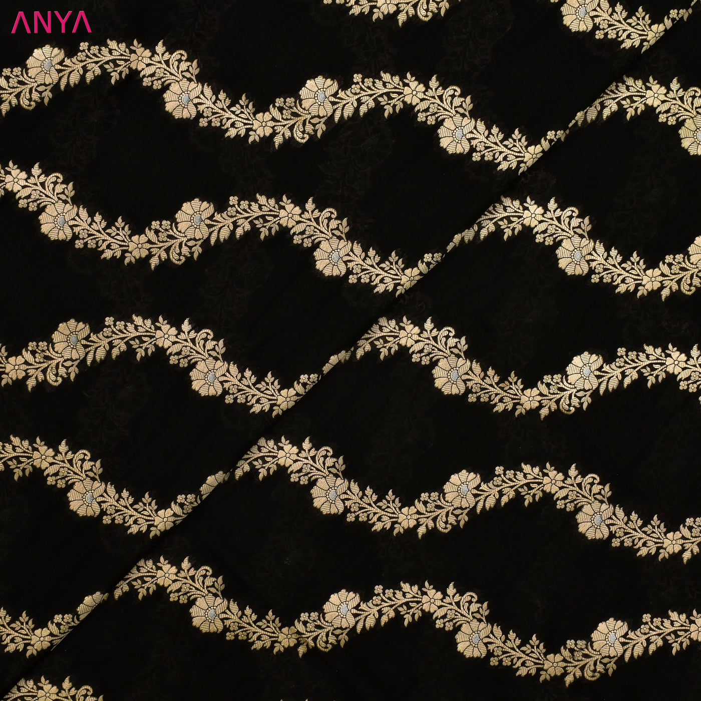 Black Banarasi Silk Fabric with Creeper Design