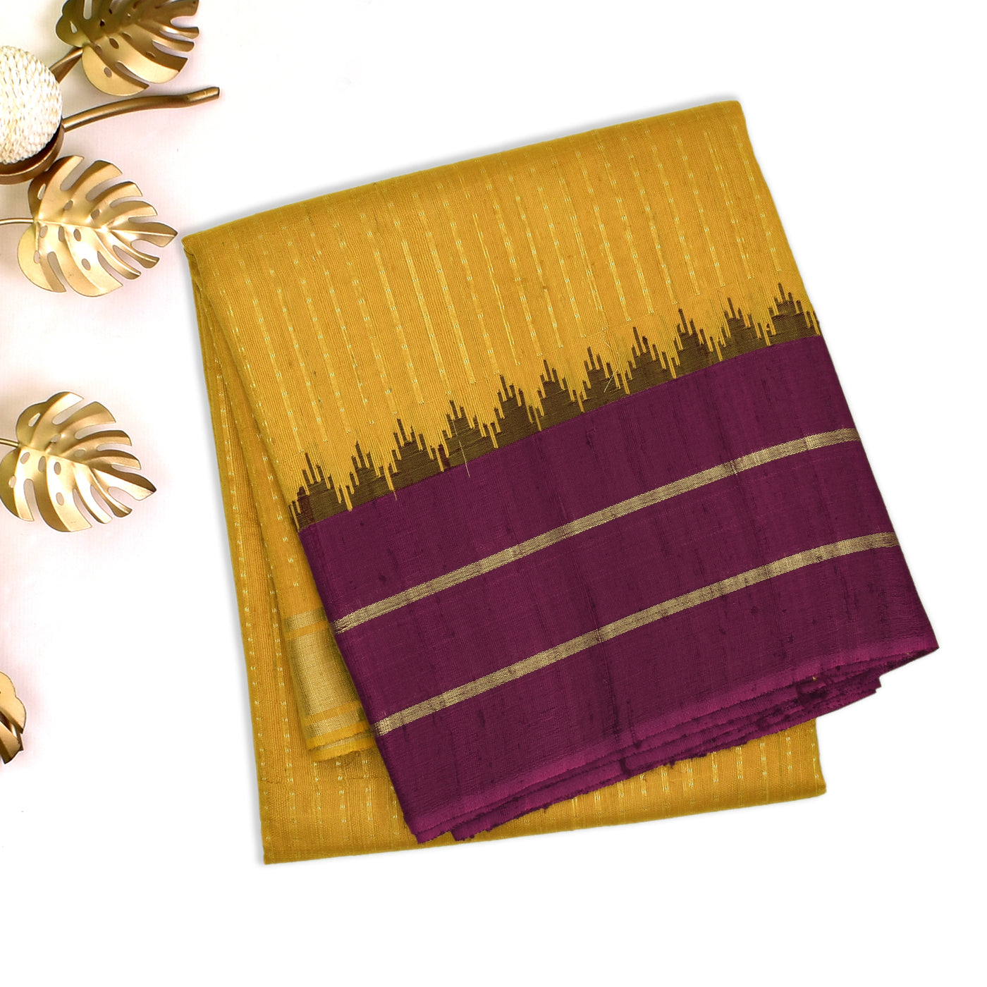 Mustard Tussar Silk Saree with Stripes and Dots Design