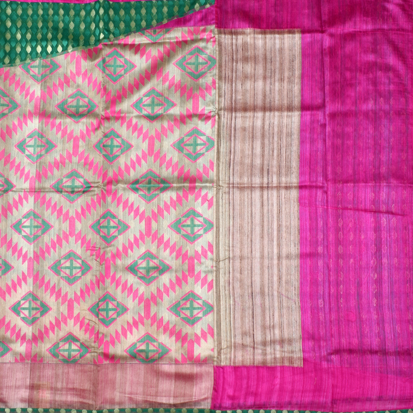 half-white-tussar-jute-and-green-cotton-banarasi-half-and-half-saree-with-rose-jute-silk-pallu-cotton-banarasi-silk-blouse