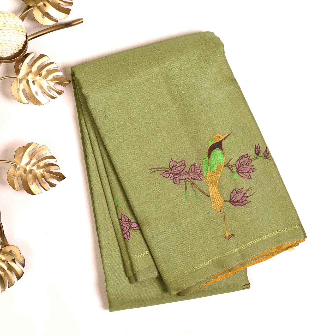 Greenish Beige Hand Painted Kanchi Silk Saree