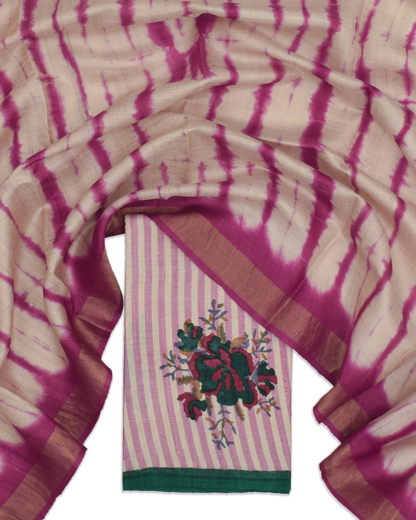 Onion Pink Tussar Silk Salwar with Off White Shibori Print Dupatta