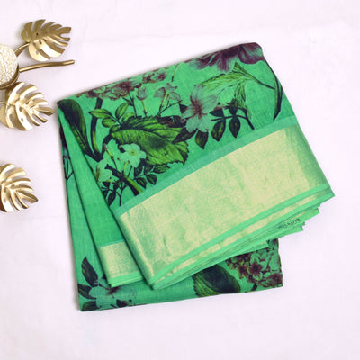 turquoise-green-printed-linen-saree