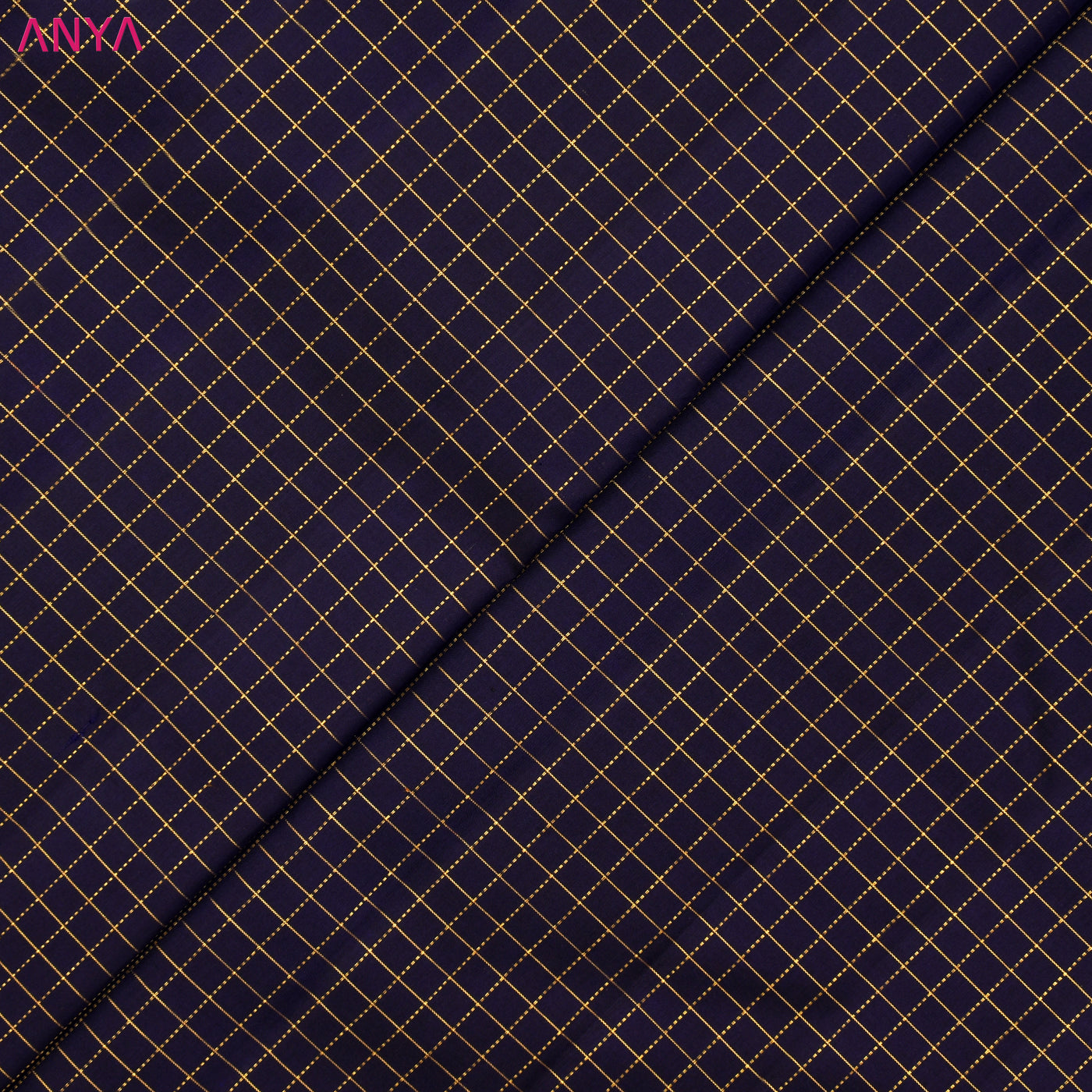 Navy Blue Kanchi Silk Fabric with Small Zari Checks Design