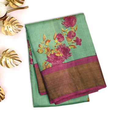 Mint Green Tussar Silk Saree with Floral Printed Design