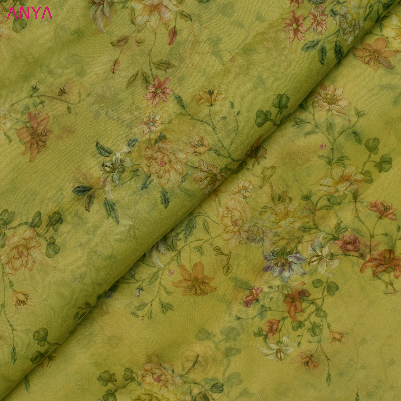 Oil Mustard Organza Fabric with Floral Design