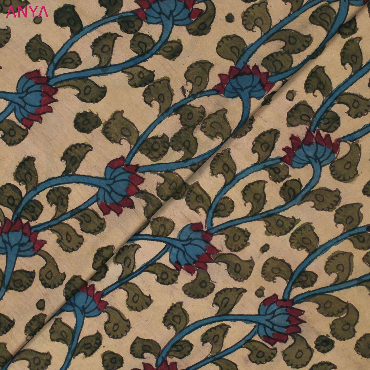 Off White Pen Kalamkari Fabric with Lotus Design