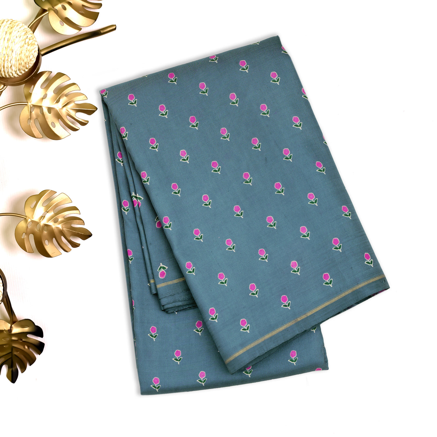 Grey Printed Kanchi Silk Saree with Small Floral Print Design