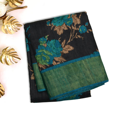 Black Tussar Silk Saree with Floral Print Design