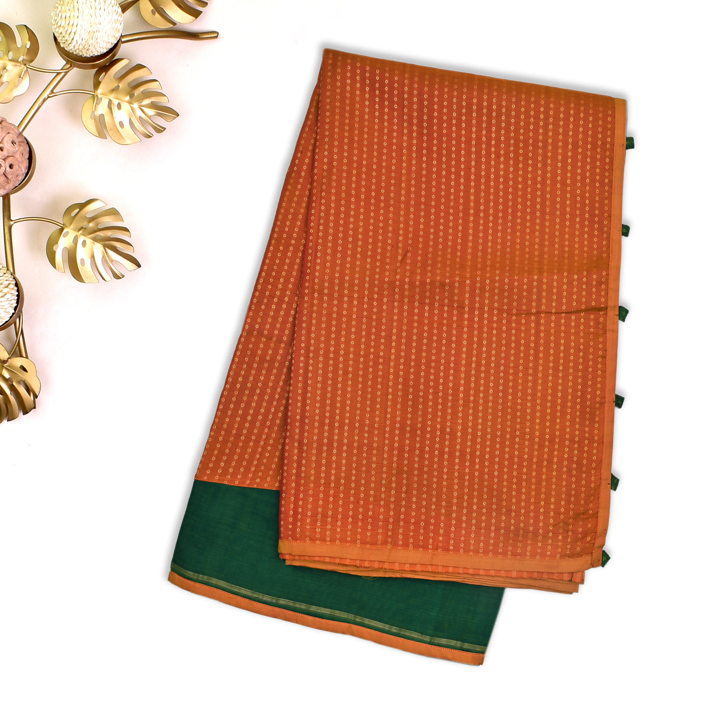 Green Plain Kanchi Silk and Rust Kanchi Silk Raising Saree