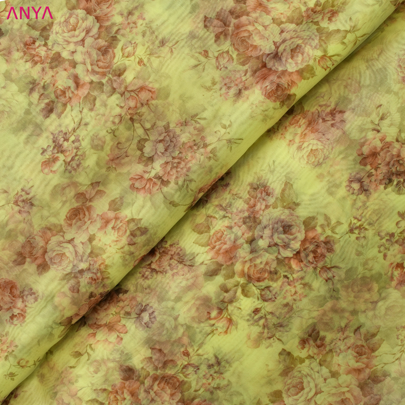 Lemon Yellow Organza Fabric with Floral Design