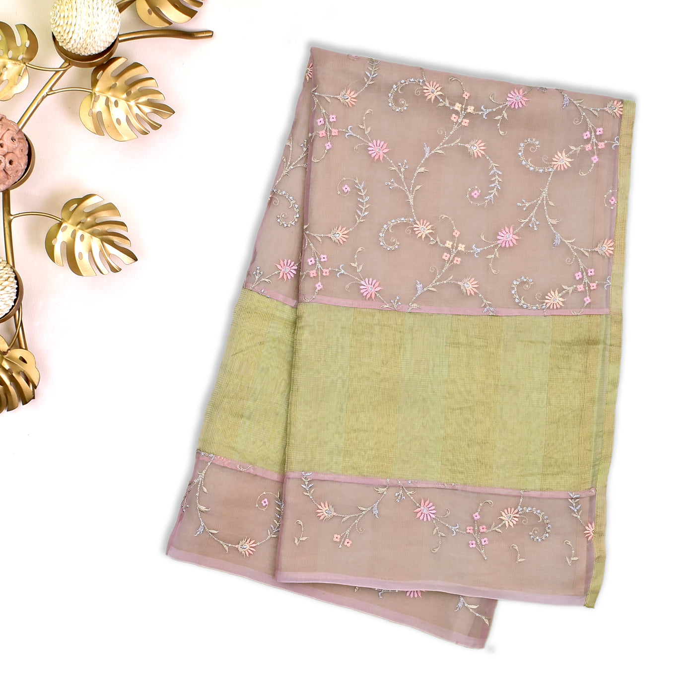 Golden Beige Organza Silk Saree