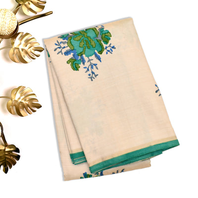 Off White Printed Kanchipuram Silk Saree with Big Floral Printed Design