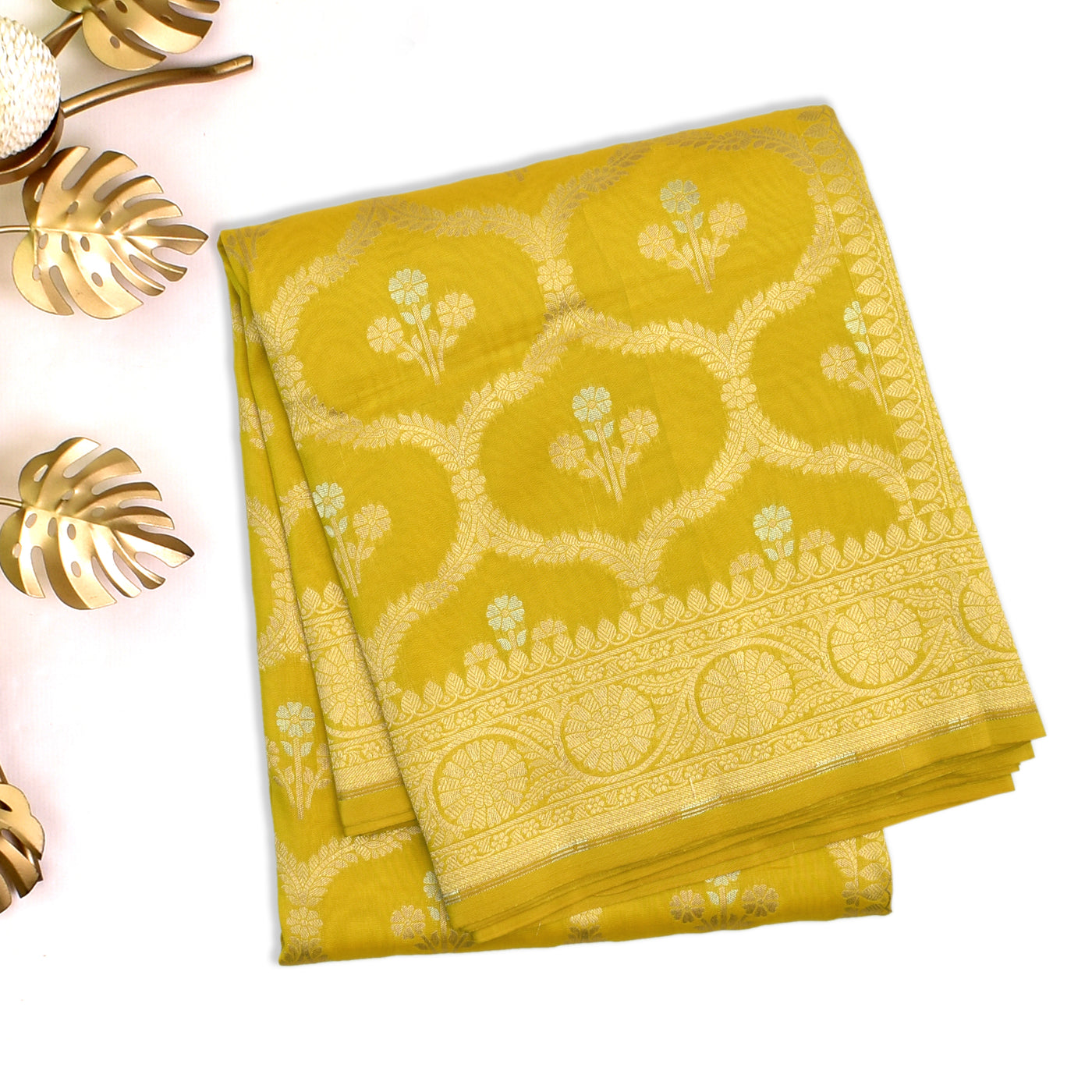 Mustard Banarasi Silk Saree with Spiral Design