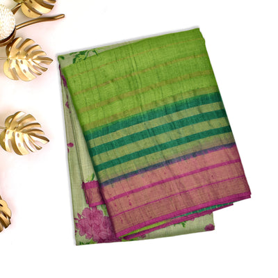 Apple Green Tussar Silk Saree with Floral Print Design