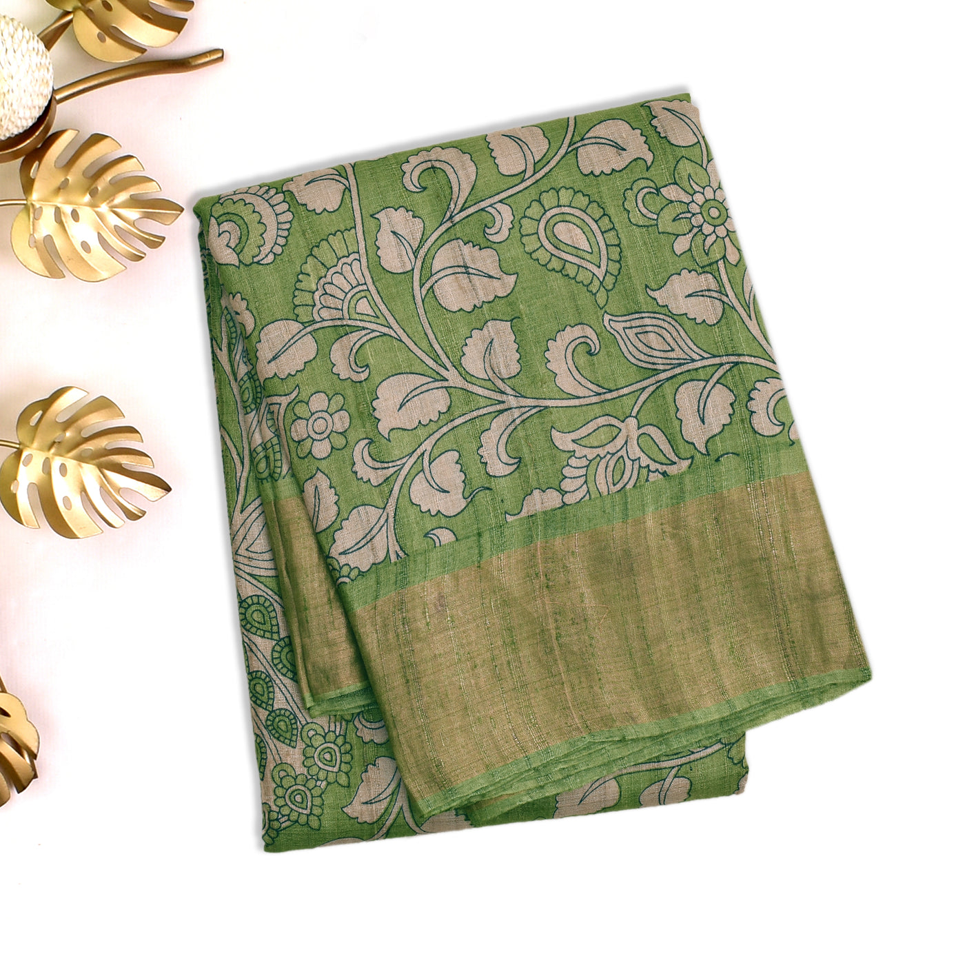 Apple Green Tussar Silk Saree with Kalamkari Printed Design