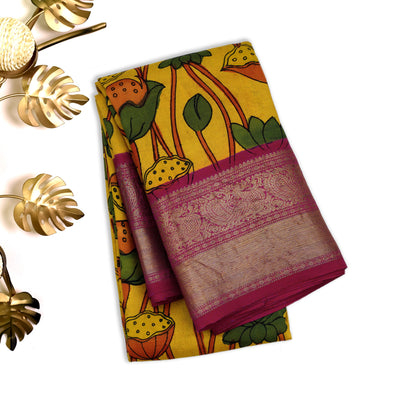 Mustard Pen Kalamkari Silk Saree
