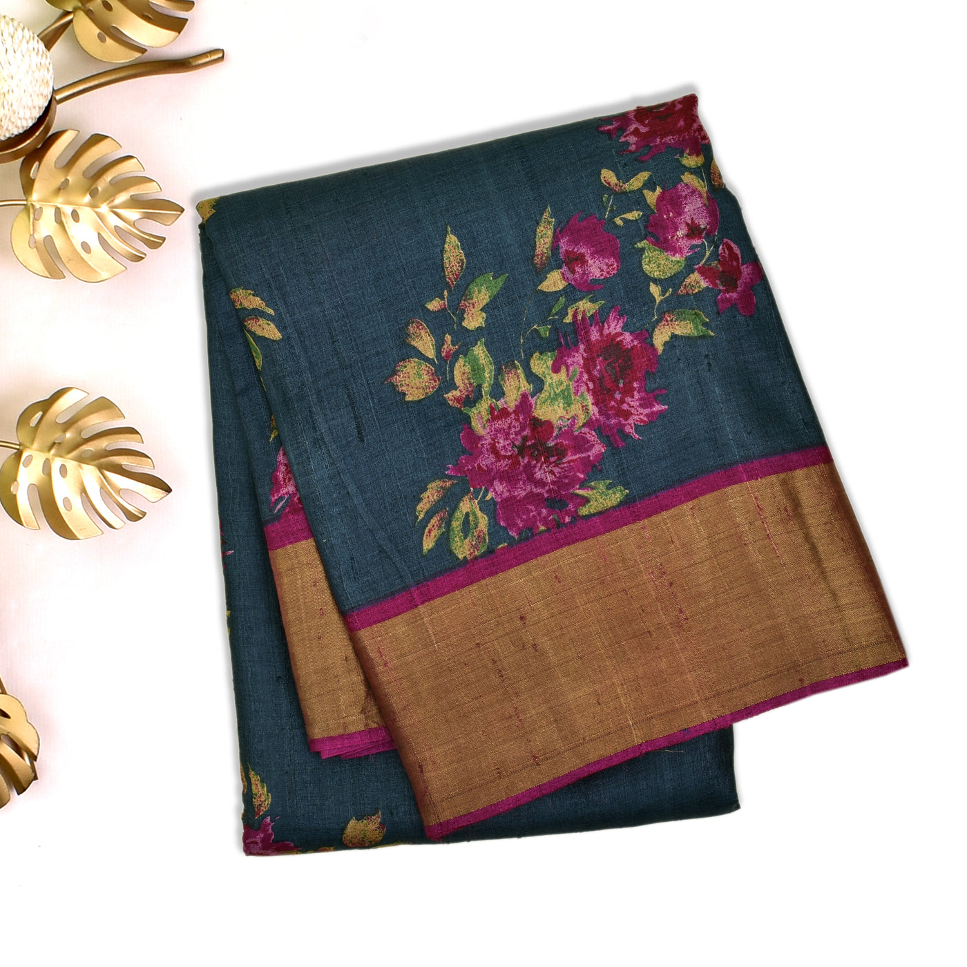 Peacock Blue Tussar Silk Saree