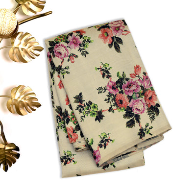 Cream Printed Kanchi Silk Saree with Floral Printed Design