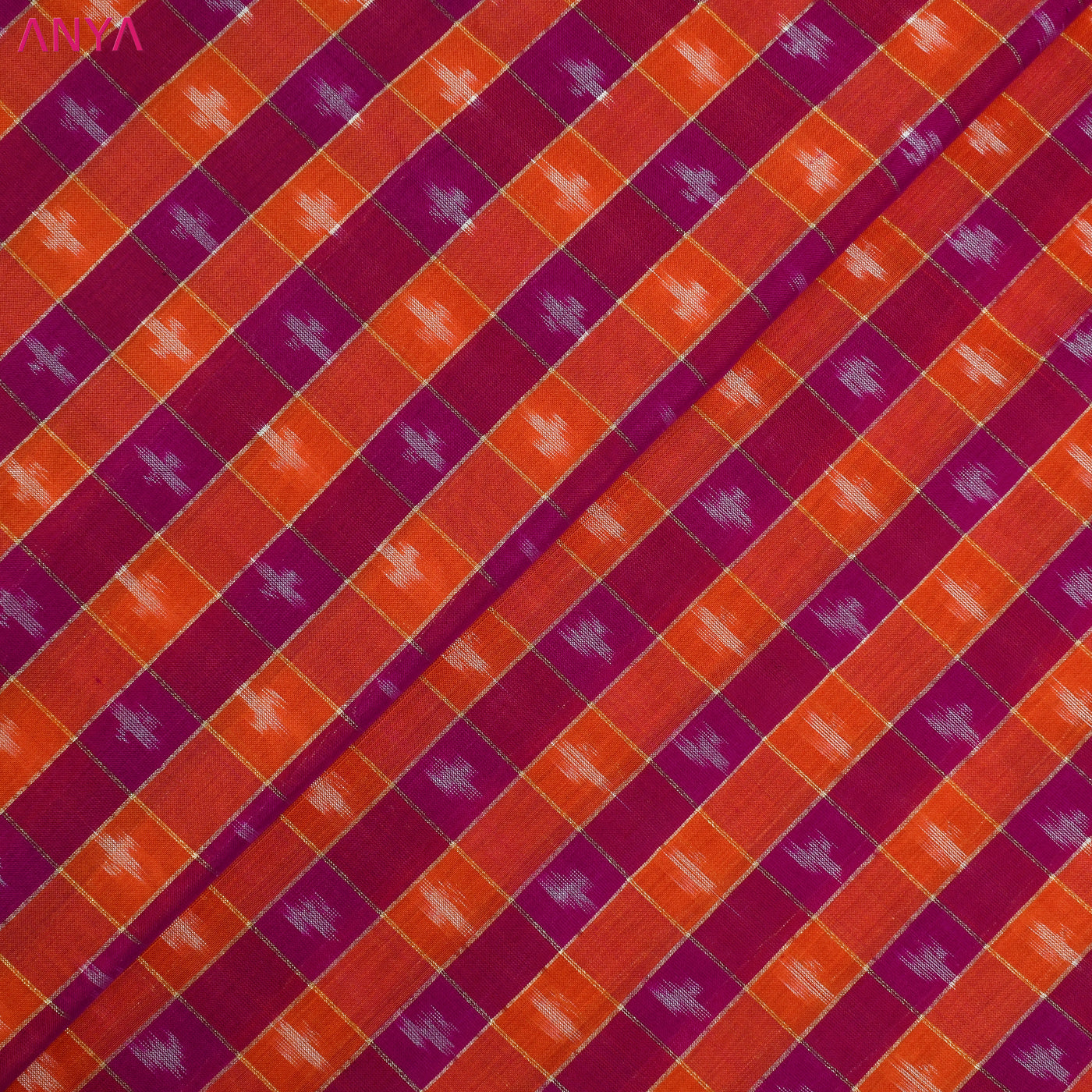 Orange and Pink checks Ikkat Silk Fabric