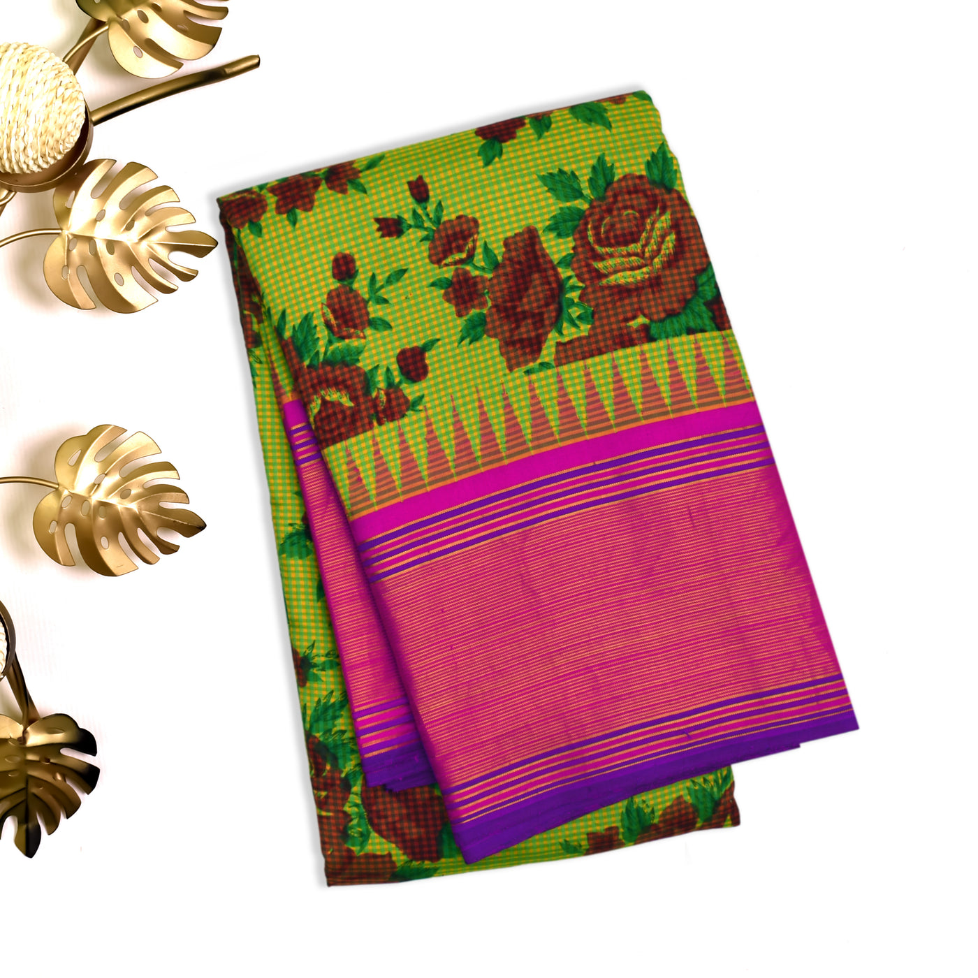 Samanga Green Printed Kanchi Silk Saree with Floral Checked Design