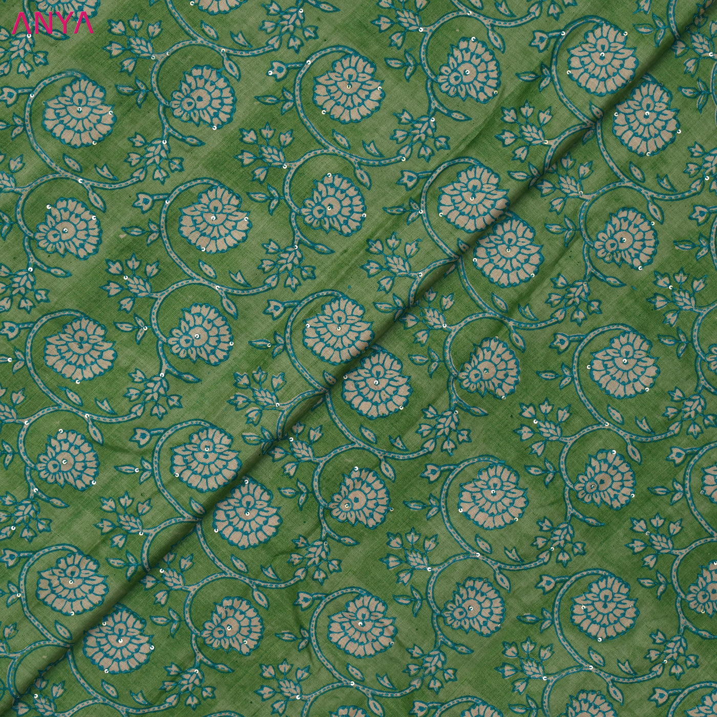 Apple Green Tussar Silk Fabric with Creeper Design