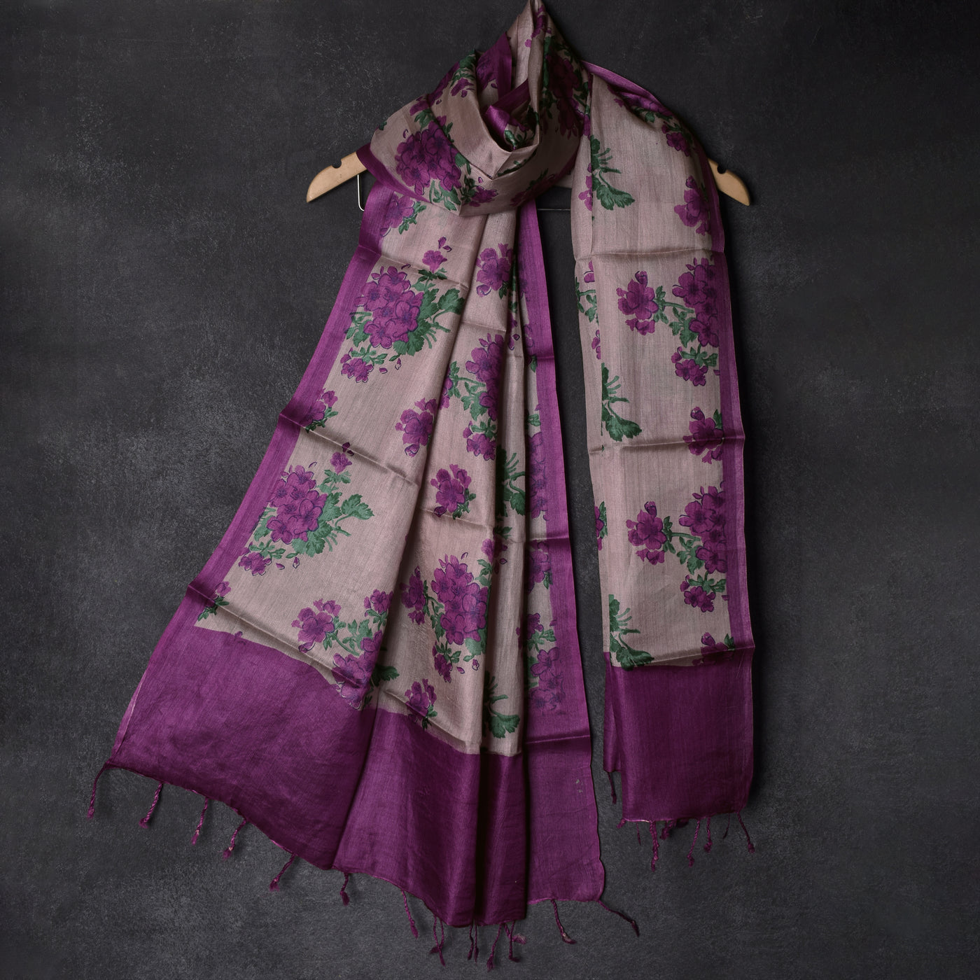 Onion Pink Tussar Silk Dupatta with Floral Printed Design