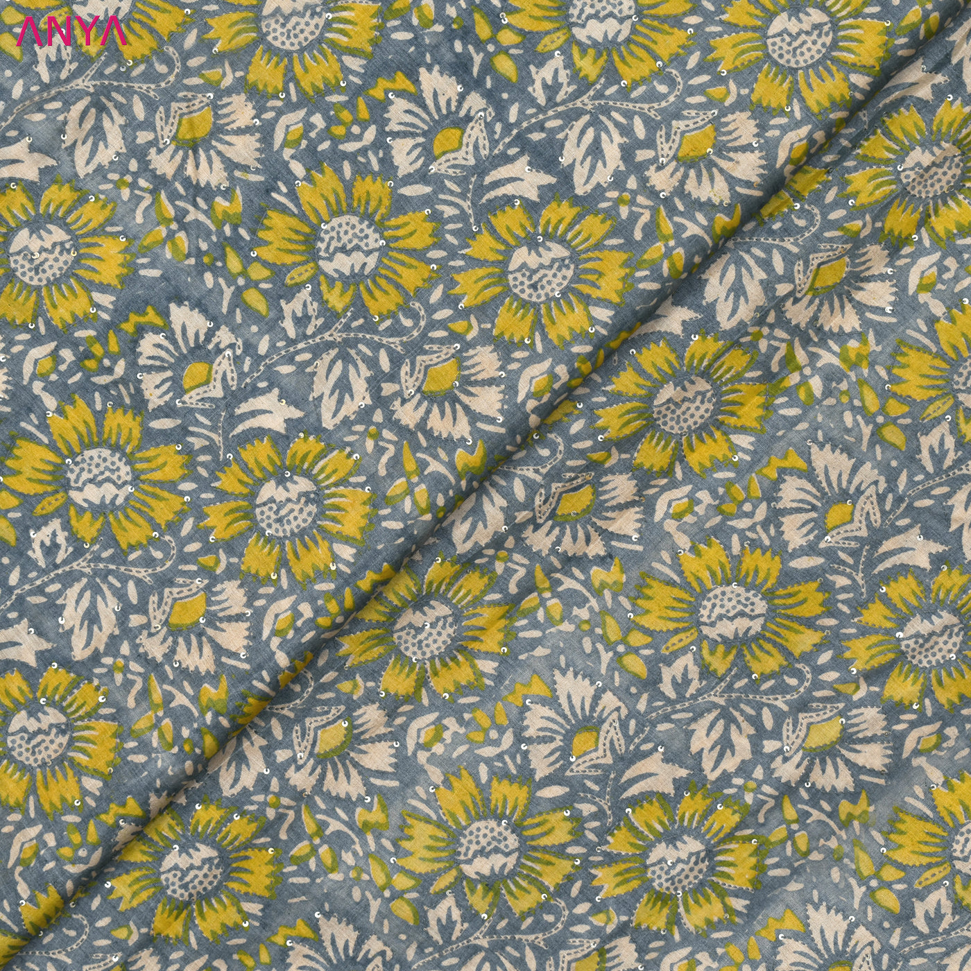 Grey Yellow Tussar Silk Fabric with Floral Creeper Design