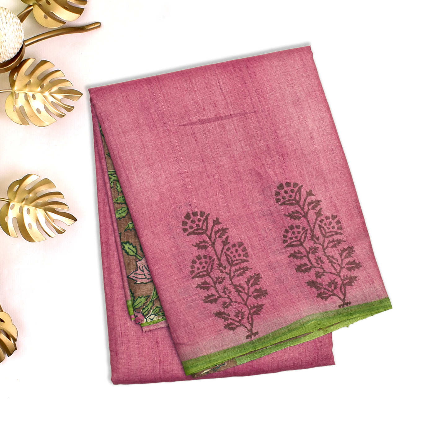 Onion Pink Tussar Silk Saree with Leaf Printed Pallu