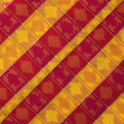 Multi coloured Pink with Yellow checks Ikkat Silk Fabric