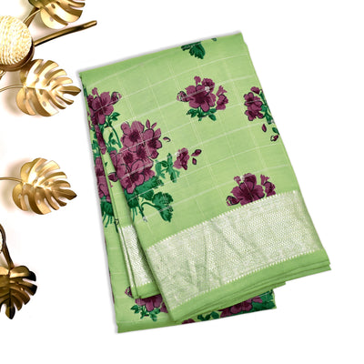 Apple Green Printed Kanchipuram Silk Saree with Floral Printed Design
