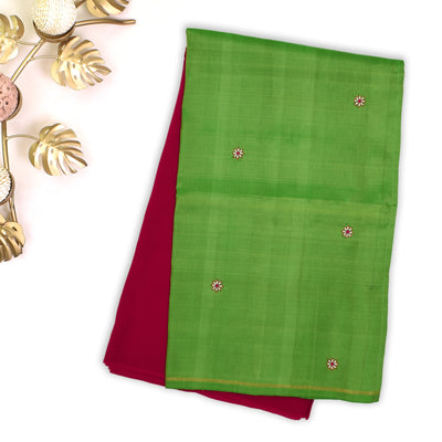 Deep Red Georgette with green Kanchi Silk Saree